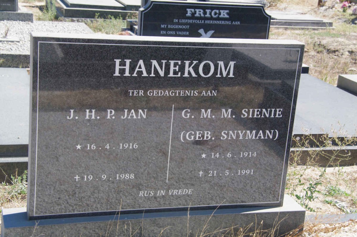 HANEKOM J.H.P. 1916-1988 &amp; G.M.M. SNYMAN 1914-1991