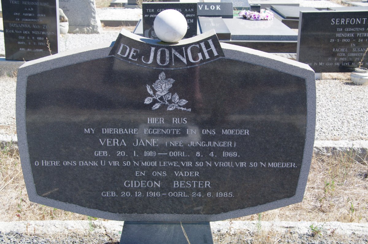 JONGH Gideon Bester, de 1916-1985 &amp; Vera Jane JUNGJUNGER 1919-1969 :: COMBRINCK Miriam