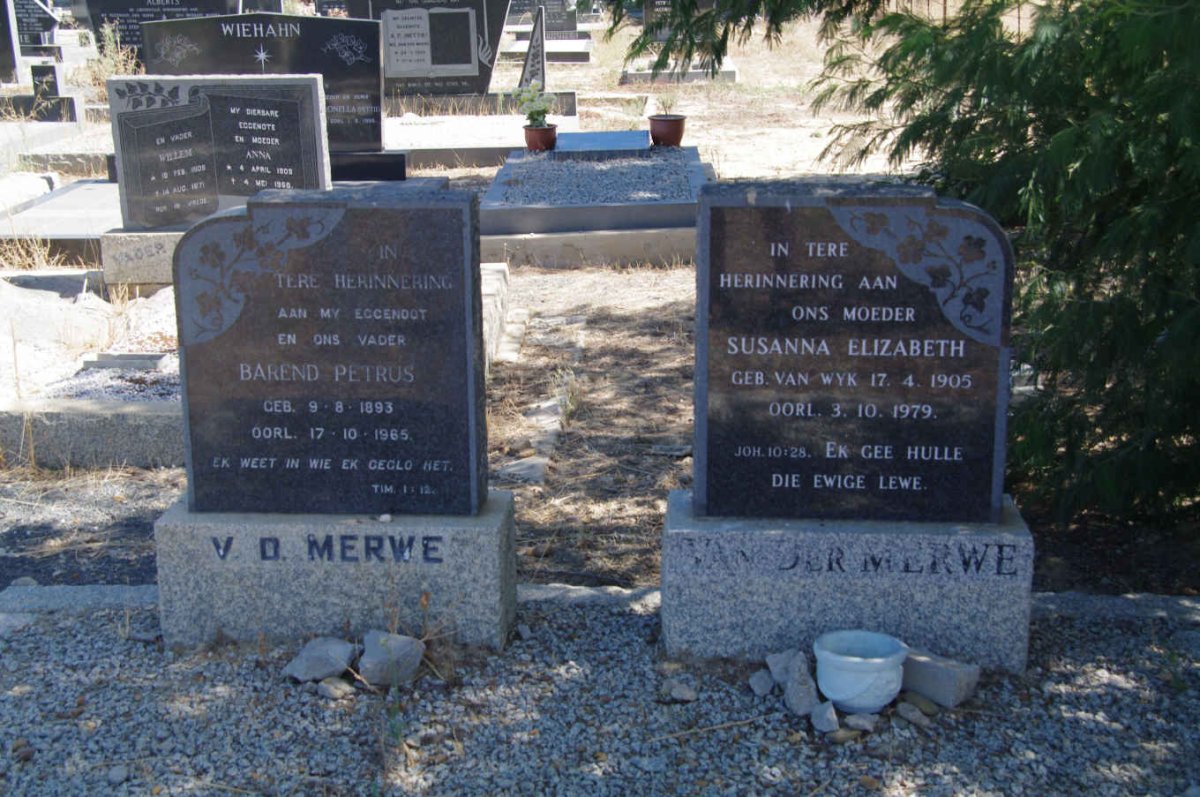 MERWE Barend Petrus, van der 1903-1965 &amp; Susanna Elizabeth van WYK 1905-1979