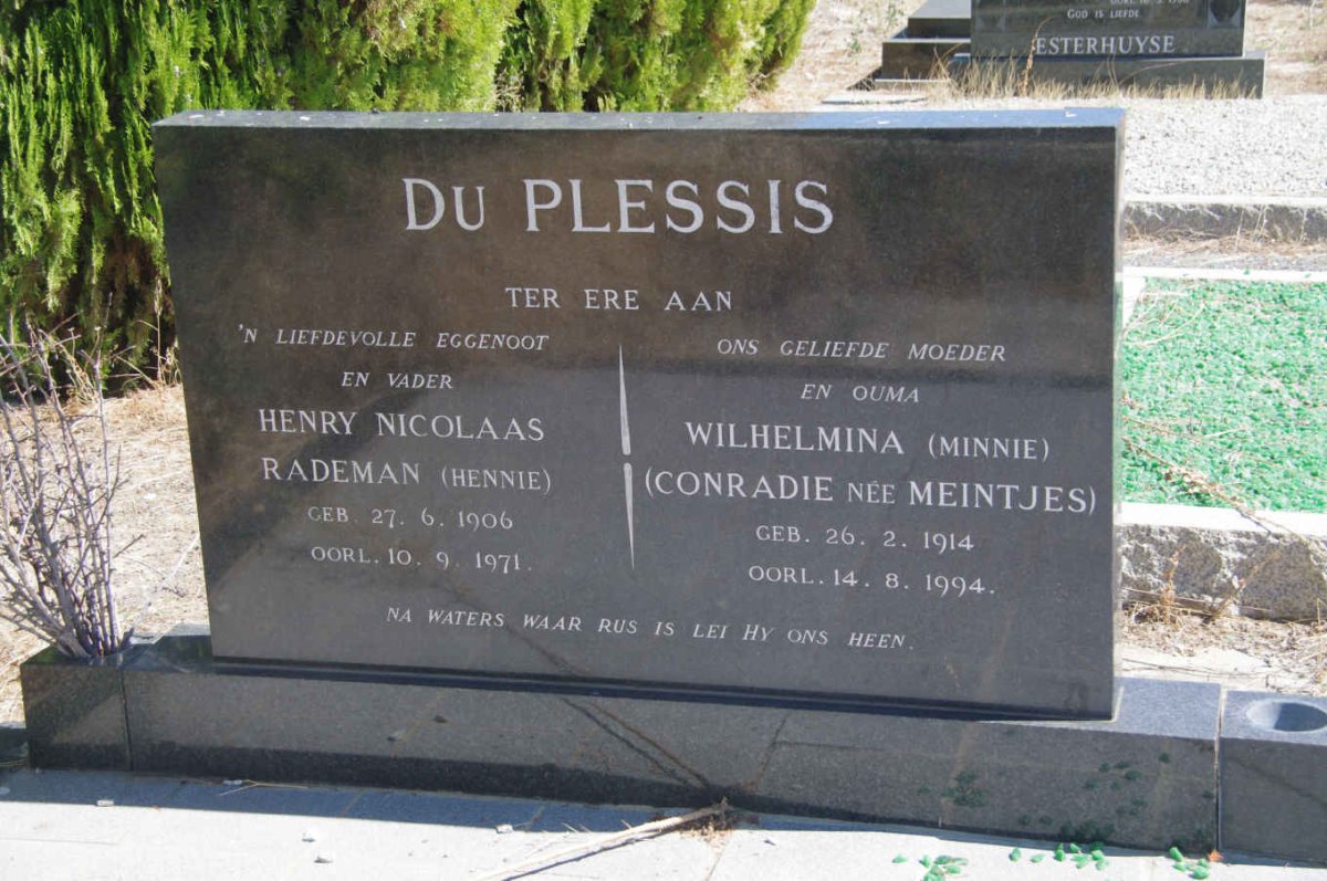 PLESSIS Henry Nicolaas Rademan, du 1906-1971 &amp; Wilhelmina formerly CONRADIE nee MEINTJES 1914-1994