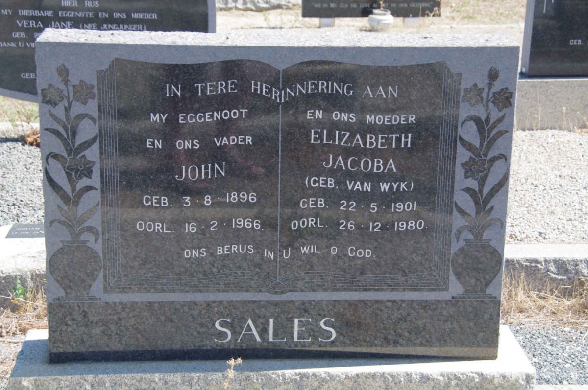 SALES John 1896-1966 &amp; Elizabeth Jacoba van WYK 1901-1980