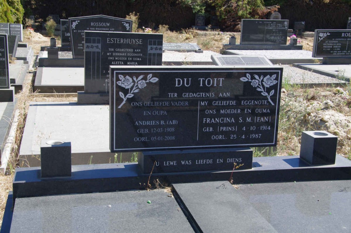 TOIT Andries B., du 1908-2008 &amp; Francina S.M. PRINS 1914-1987