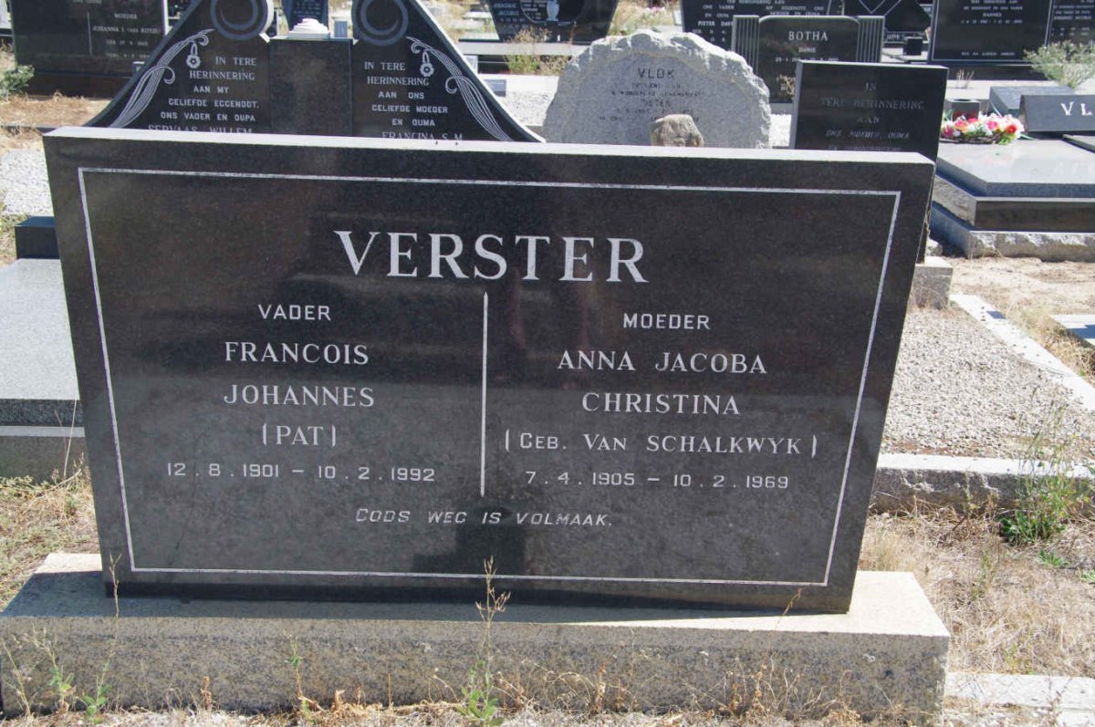 VERSTER Francois Johannes 1901-1992 &amp; Anna Jacoba Christina van SCHALKWYK 1905-1969