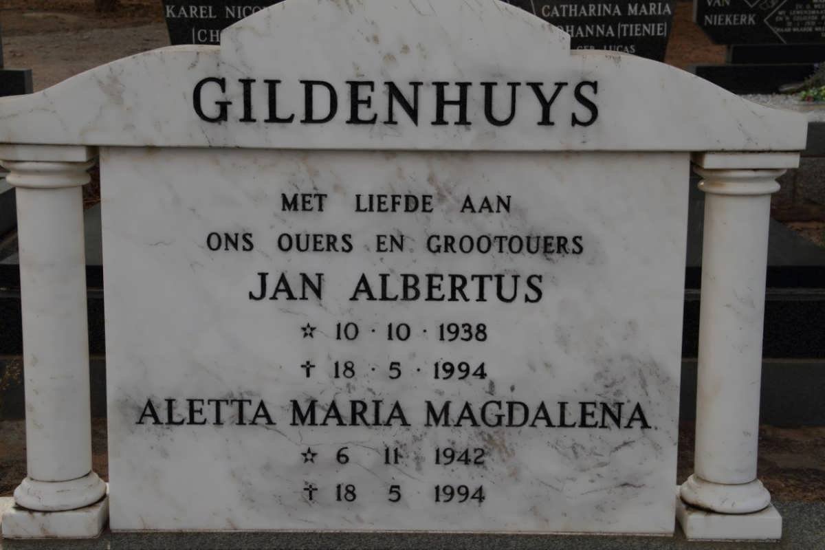 GILDENHUYS Jan Albertus 1938-1994 &amp; Aletta Maria Magdalena 1942-1994