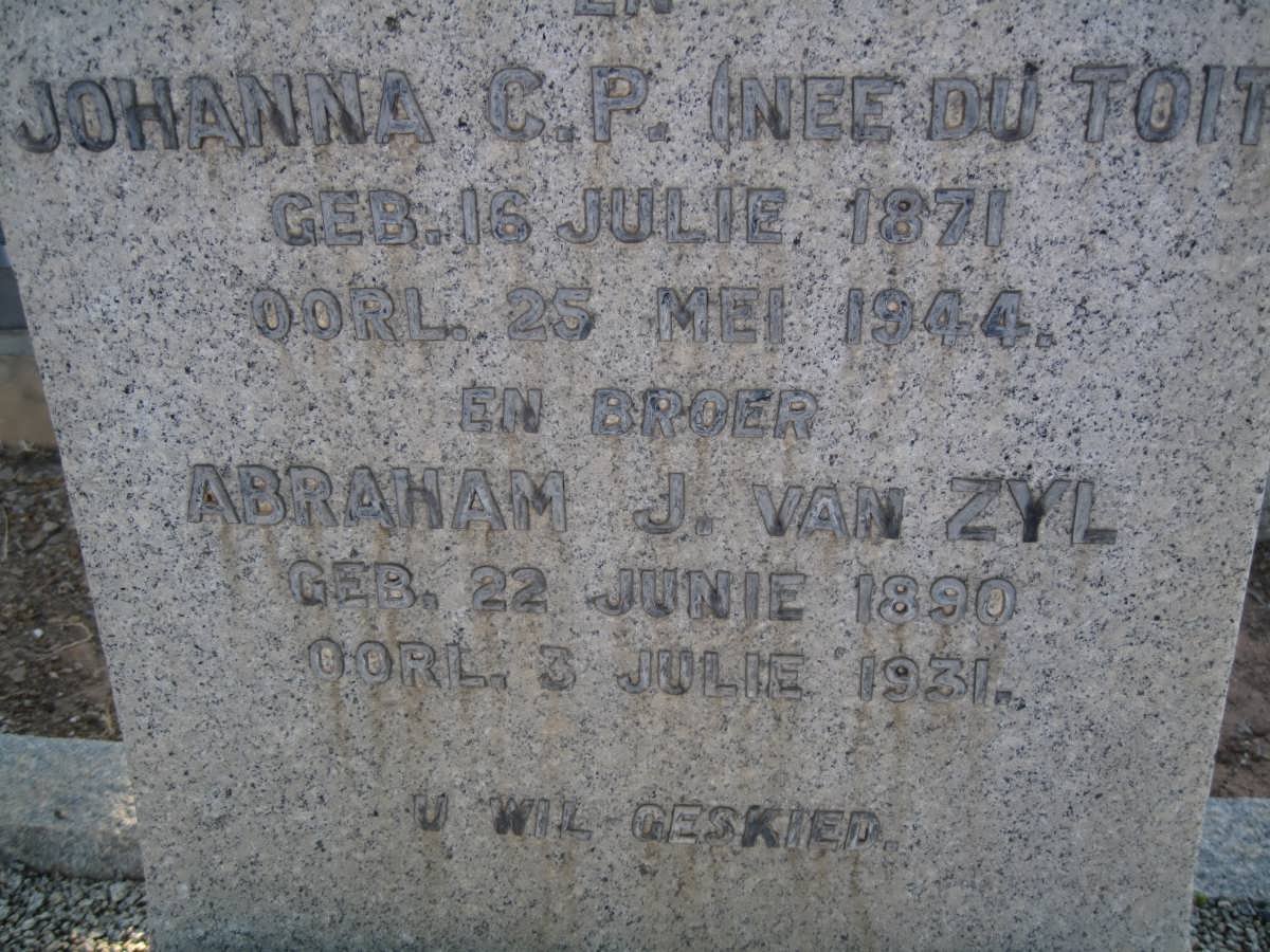 ZYL Johanna C.P.,van nee DU TOIT 1871-1946 :: VAN ZYL Abraham 1890-1931