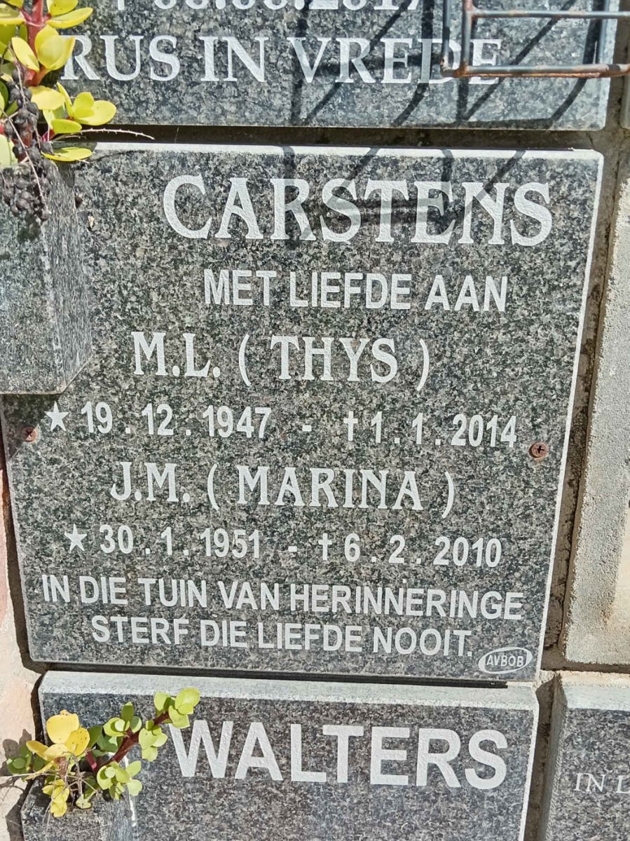 CARSTENS M.L. 1947-2014 &amp; J.M. 1951-2010