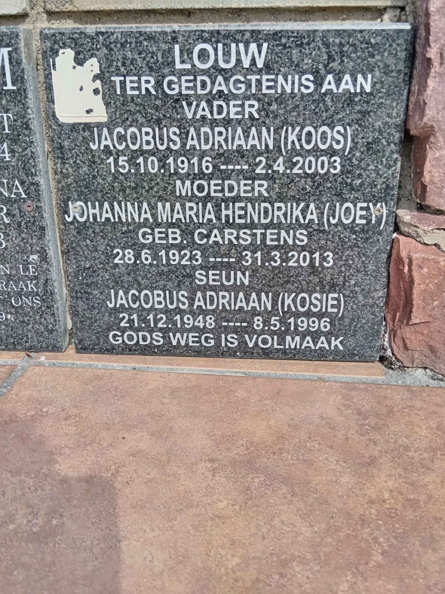 LOUW Jacobus Adriaan 1916-2003 &amp; Johanna Maria Hendrika CARSTENS 1923-2013 :: LOUW Jacobus Adriaan 1948-1996