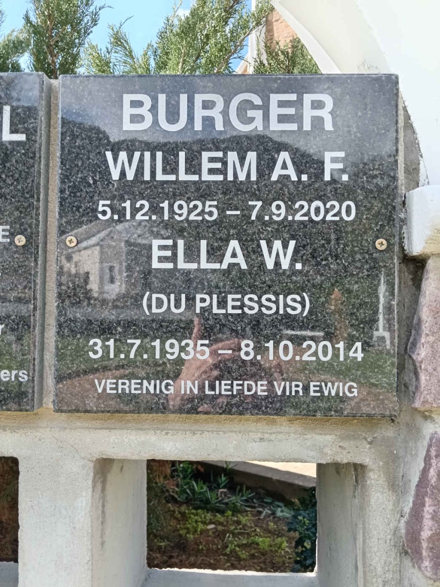 BURGER Willem A.F. 1925-2020 &amp; Ella W. DU PLESSIS 1935-2014
