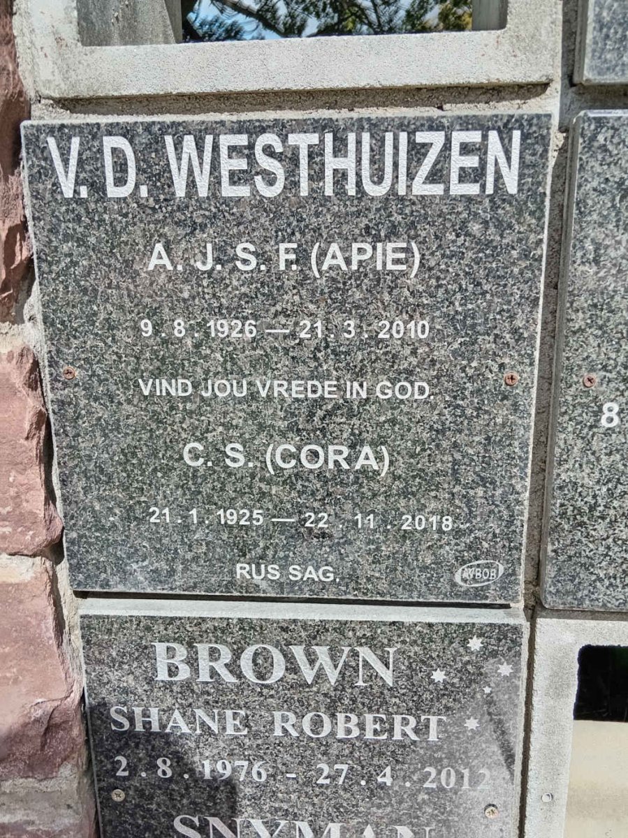 WESTHUIZEN A.J.S.F., v.d. 1926-2010 &amp; C.S. 1925-2018