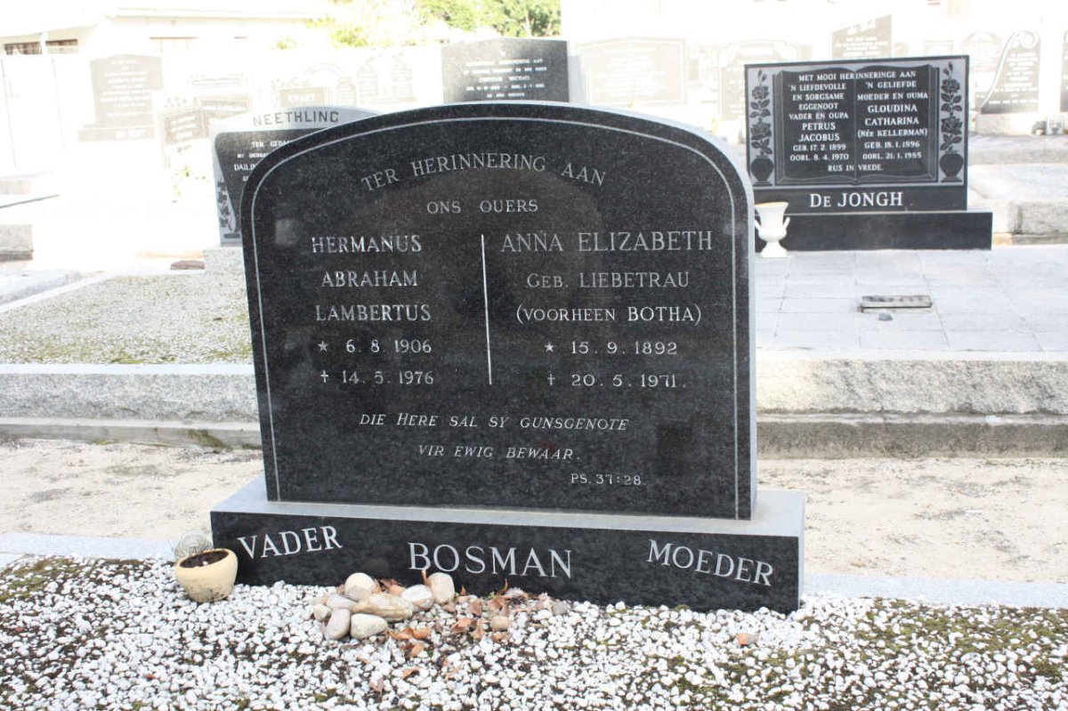 BOSMAN Hermanus Abraham Lambertus 1906-1976 &amp; Anna Elizabeth BOTHA nee LIEBETRAU 1892-1971