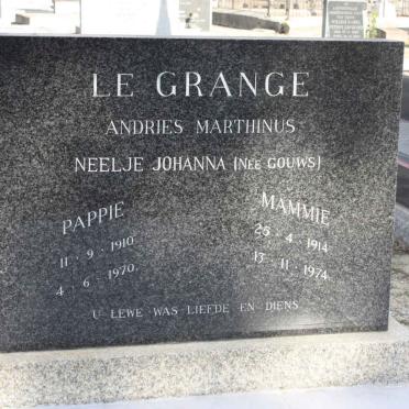 GRANGE Andries Marthinus, le 1910-1970 &amp; Neelje Johanna GOUWS 1914-1974 