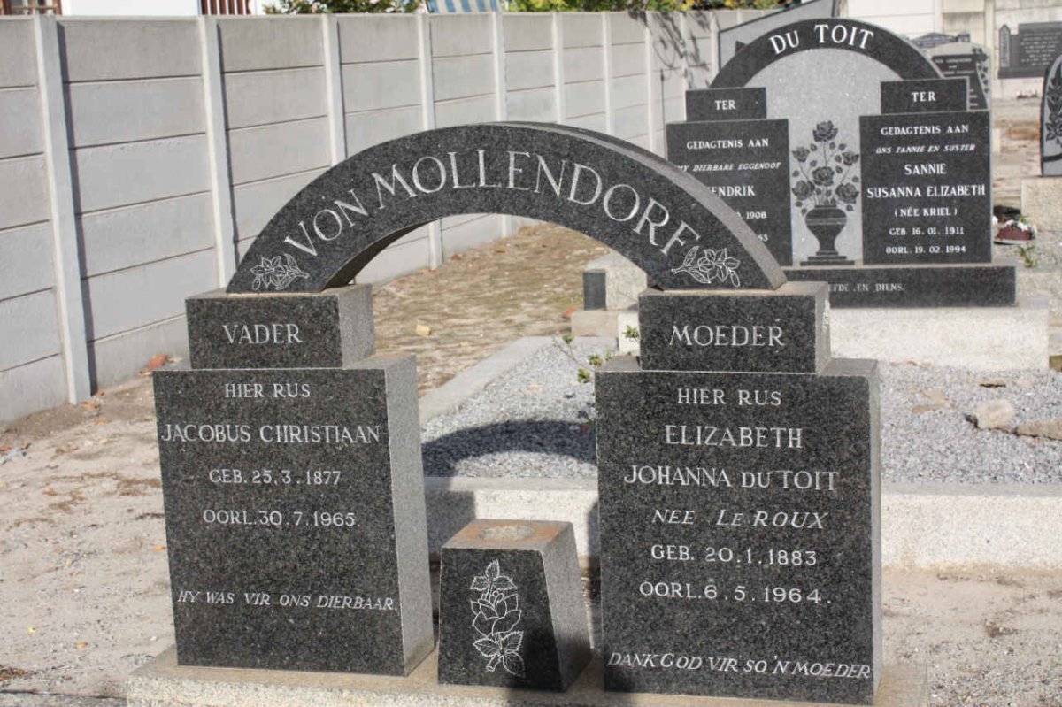 MOLLENDORF Jacobus Christiaan, von 1877-1965 &amp; Elizabeth Johanna du Toit LE ROUX 1883-1964