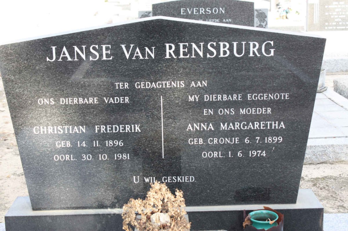 RENSBURG Christian Frederik, Janse van 1896-1981 &amp; Anna Margaretha CRONJE 1899-1974 