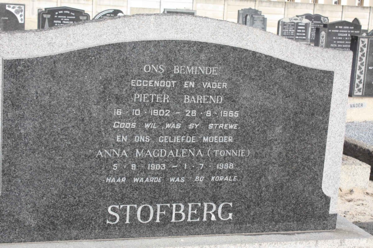 STOFBERG Pieter Barend 1902-1965 &amp; Anna Magdalena 1903-1988