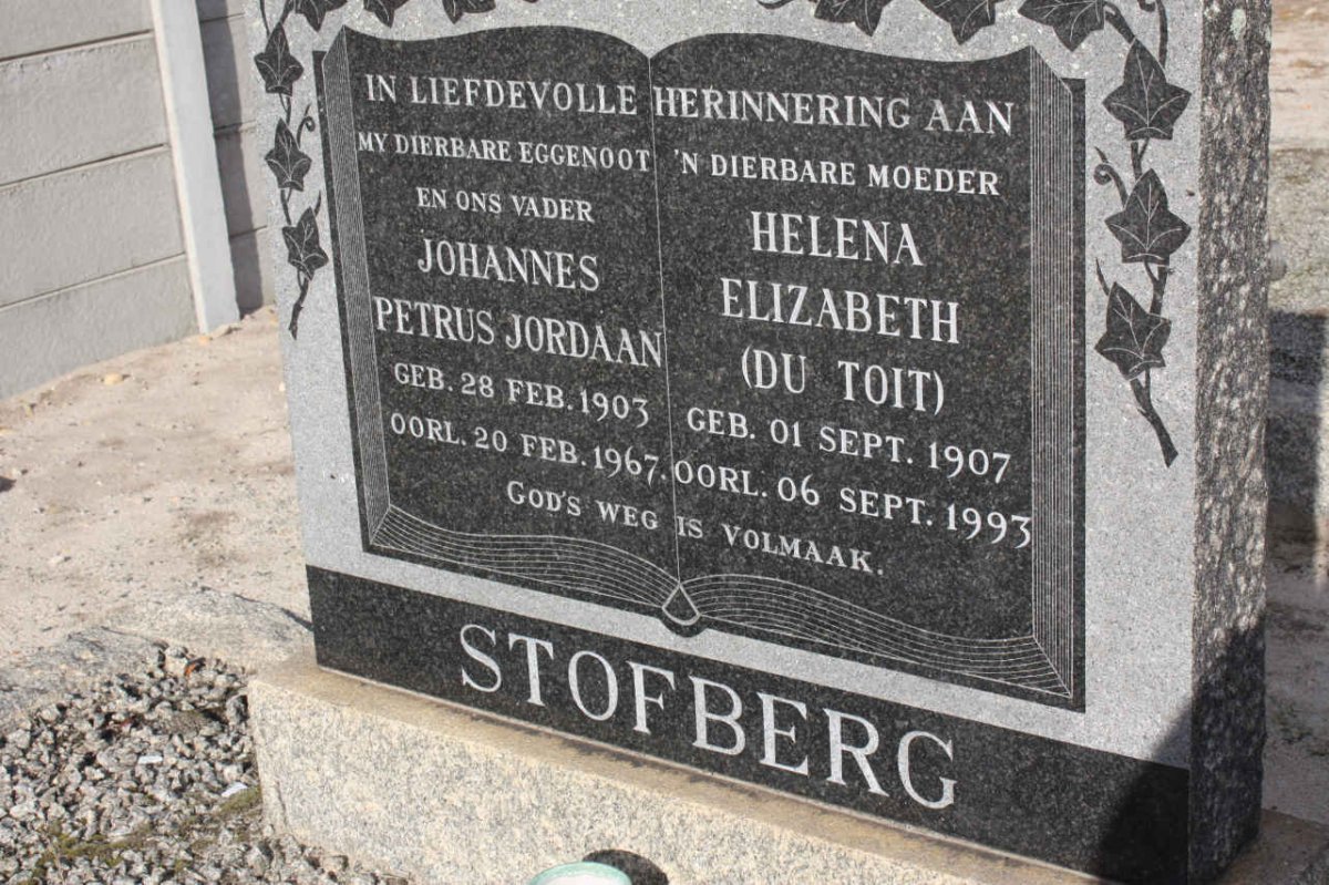 STOFBERG Johannes Petrus Jordaan 1903-1967 &amp; Helena Elizabeth DU TOIT 1907-1993