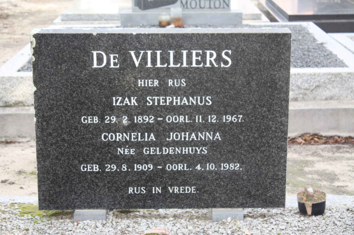 VILLIERS  Izak Stephanus, de 1892-1967 &amp; Cornelia Johanna GELDENHUYS 1909-1982