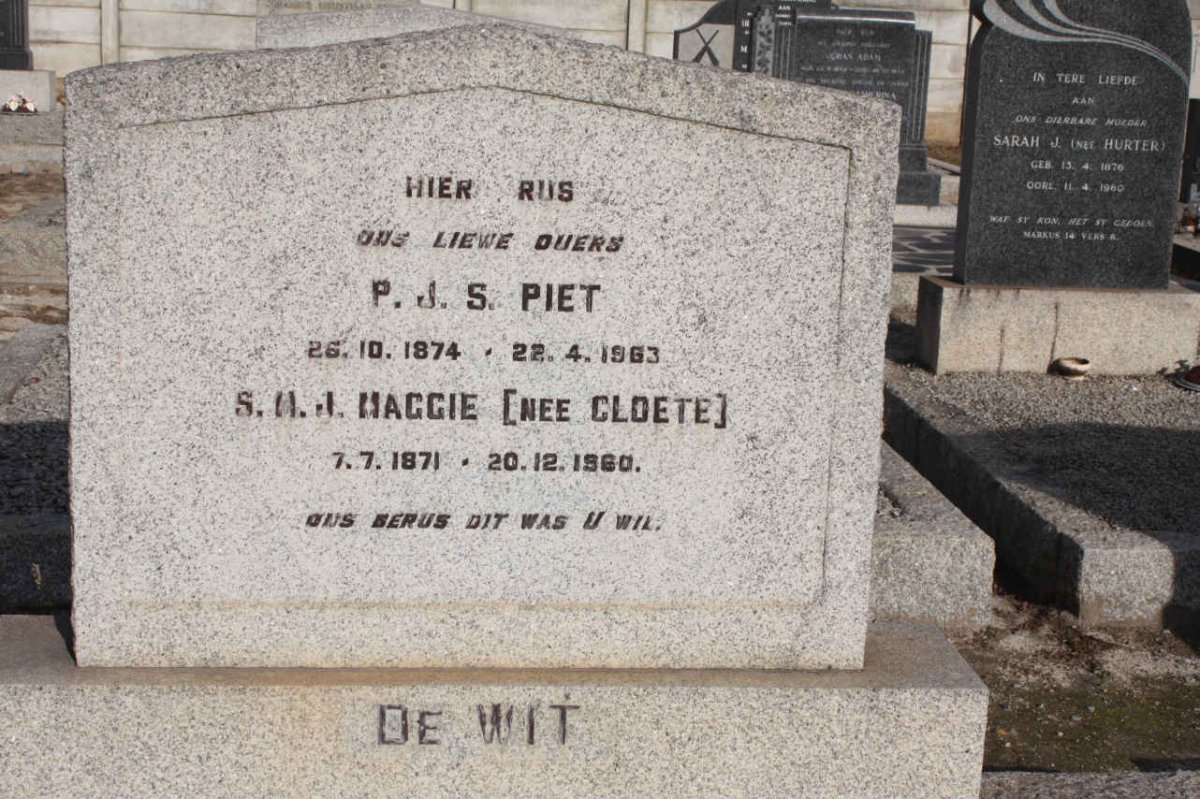 WIT P.J.S., De 1874-1963 &amp; S.H.J. CLOETE 1871-1960 