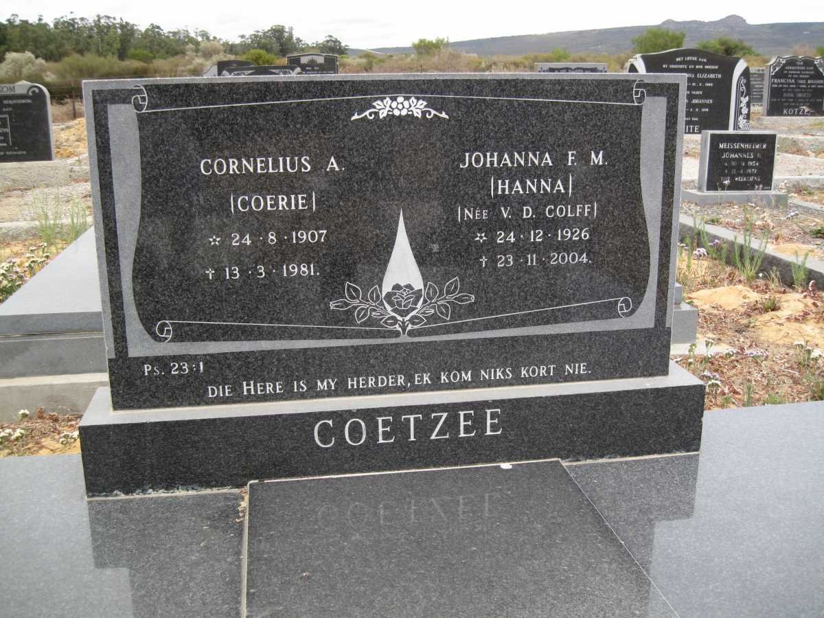 COETZEE Cornelius A. 1907-1981 &amp; Johanna F.M VAN DER COLFF 1926-2004