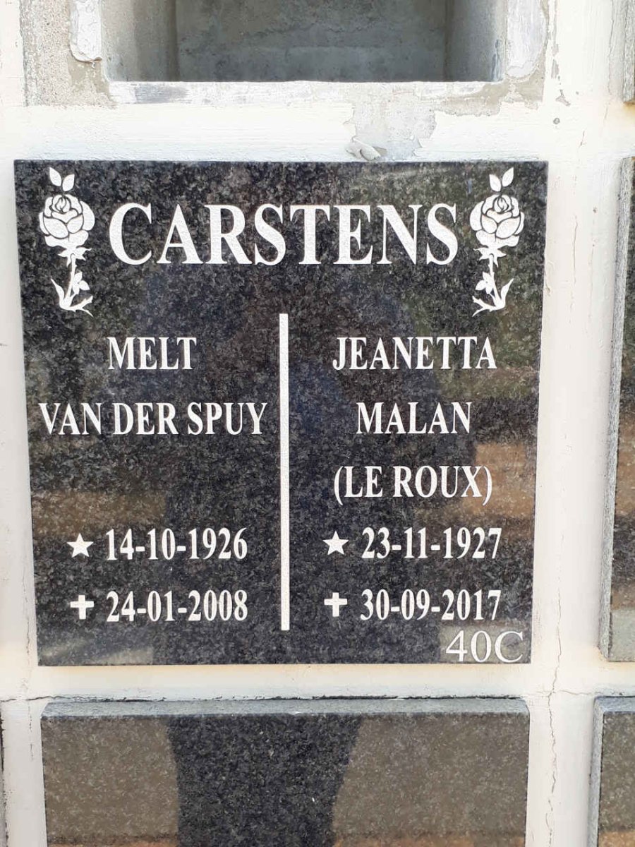 CARSTENS Melt van der Spuy 1926-2008 &amp; Jeanetta Malan LE ROUX 1927-2017