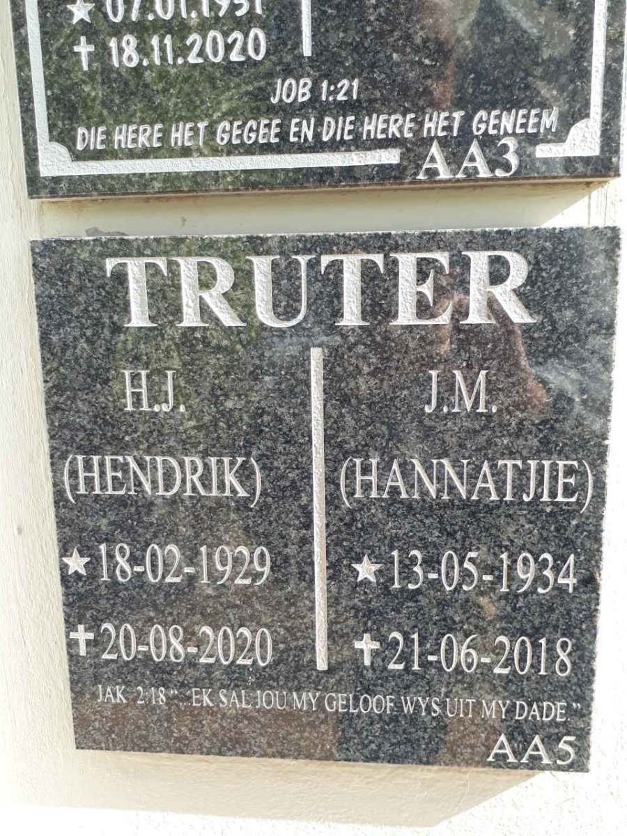 TRUTER H.J. 1929-2020 &amp; J.M. 1934-2018