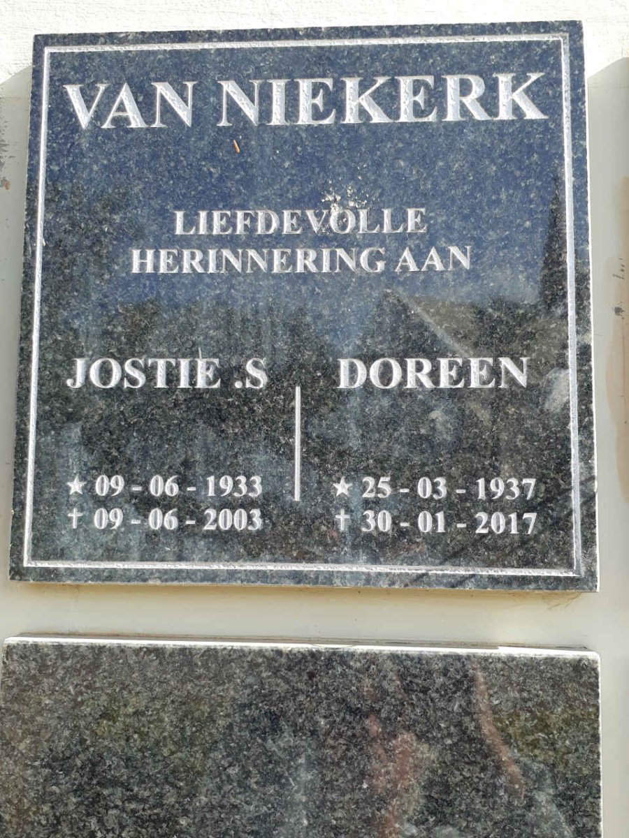 NIEKERK Jostie S., van 1933-2003 &amp; Doreen 1937-2017