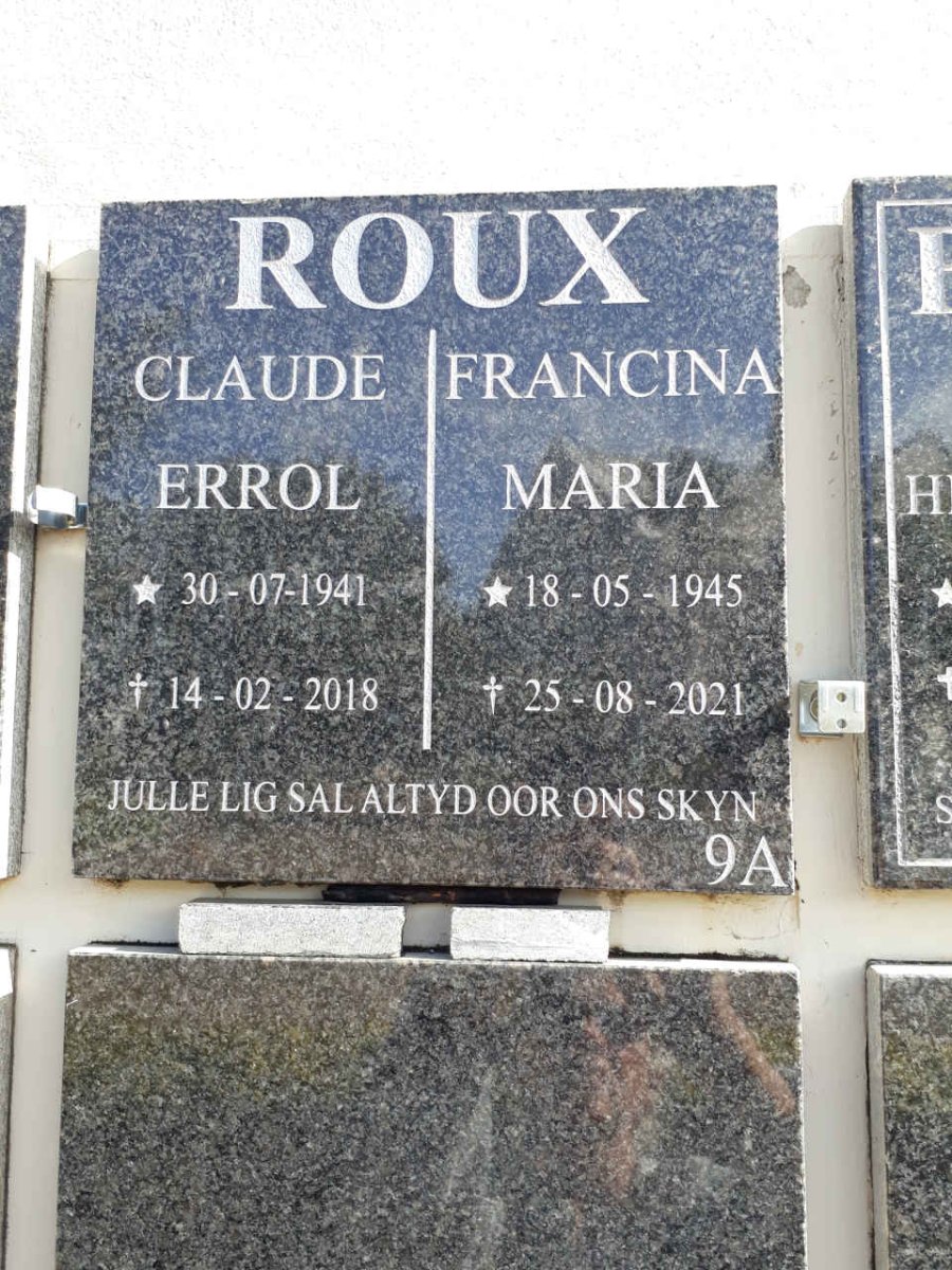 ROUX Claude Errol 1941-2018 &amp; Francina Maria 1945-2021
