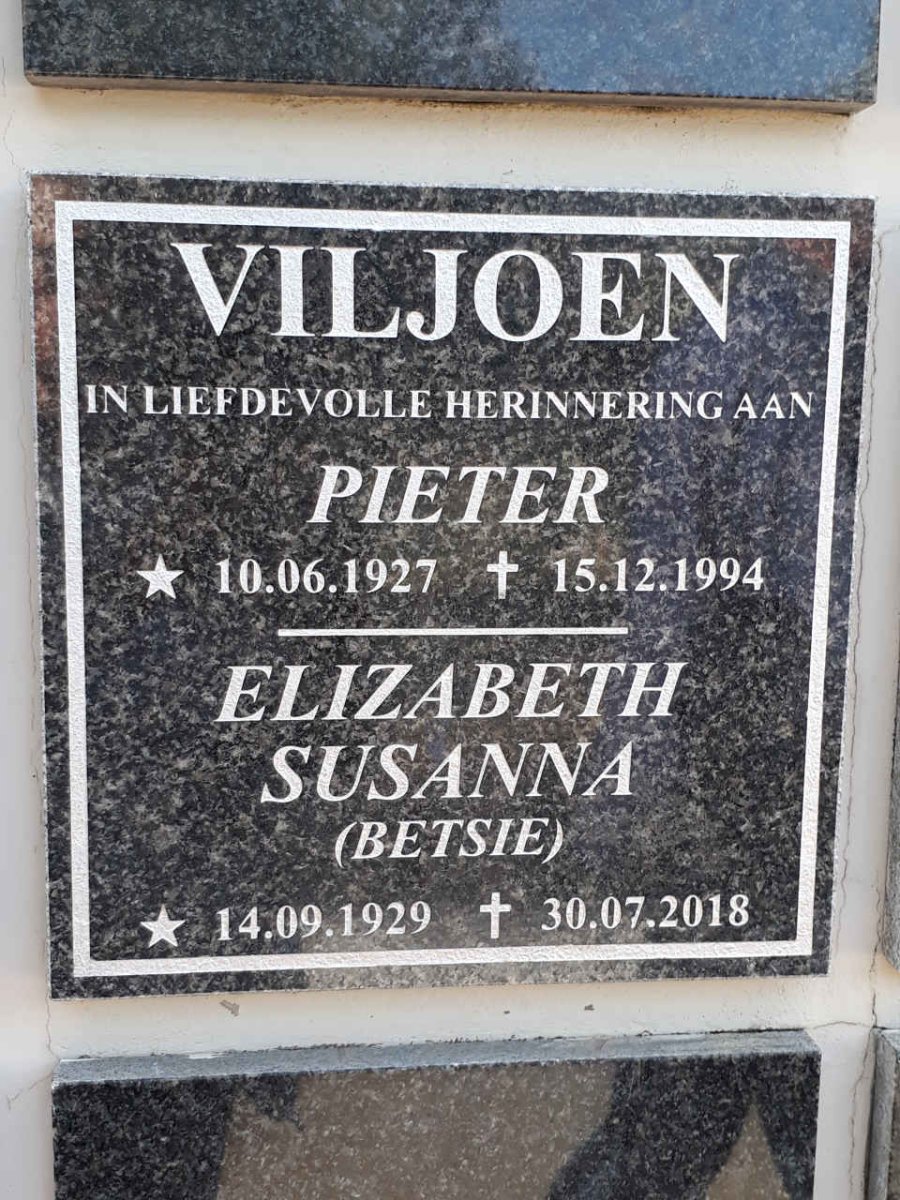 VILJOEN Pieter 1927-1994 &amp; Elizabeth Susanna 1929-2018