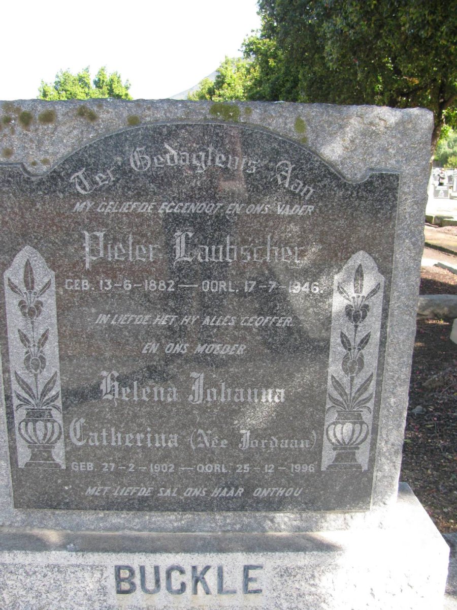 BUCKLE Pieter Laubscher 1882-1946 &amp; Helena Johanna Catharina JORDAAN 1902-1996