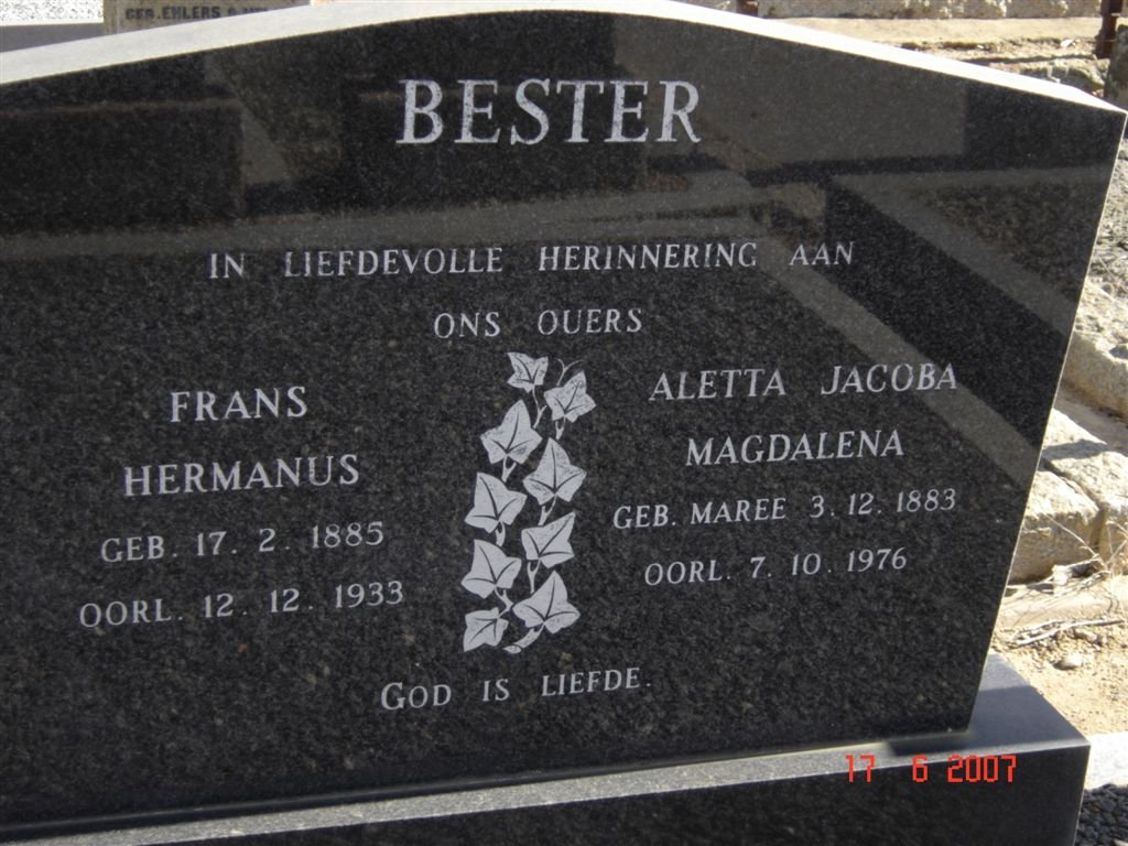 BESTER Frans Hermanus 1885-1933 &amp; Aletta Jacoba Magdalena MAREE 1883-1976