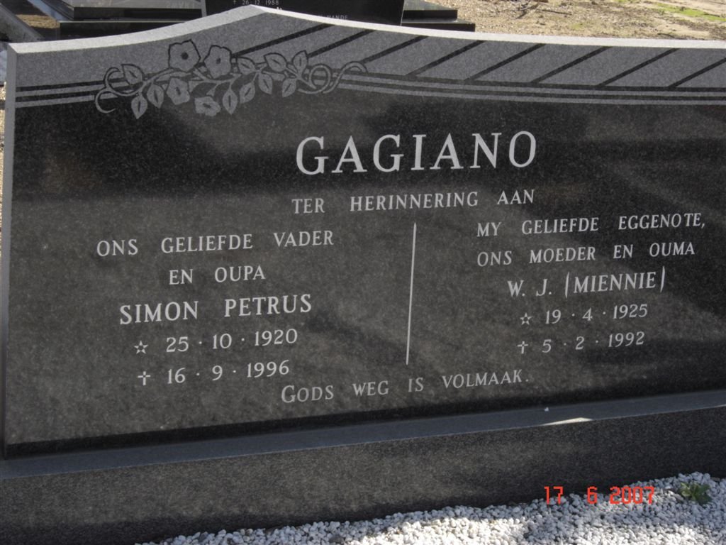 GAGIANO Simon Petrus 1920-1996 &amp; W.J. 1925-1992