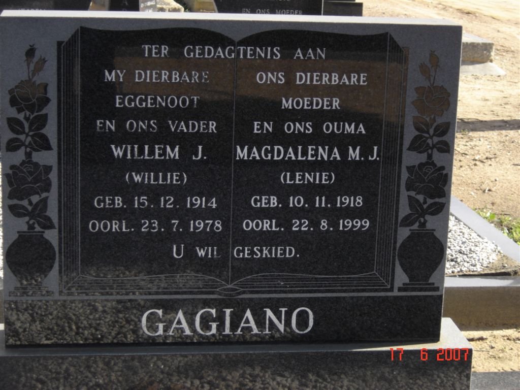 GAGIANO Willem J. 1914-1978 &amp; Magdalena M.J. 1918-1999