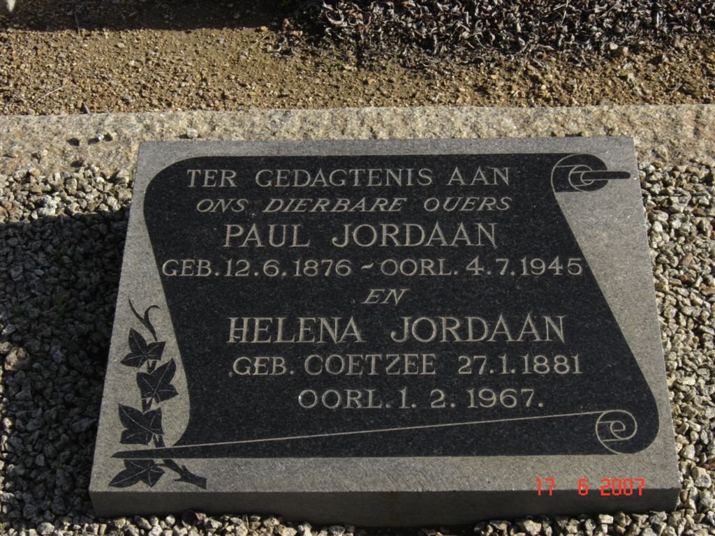 JORDAAN Paul 1876-1945 &amp; Helena COETZEE 1881-1967