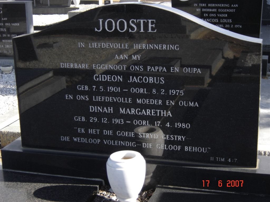JOOSTE Gideon Jacobus 1901-1975 &amp; Dinah Margaretha 1913-1980