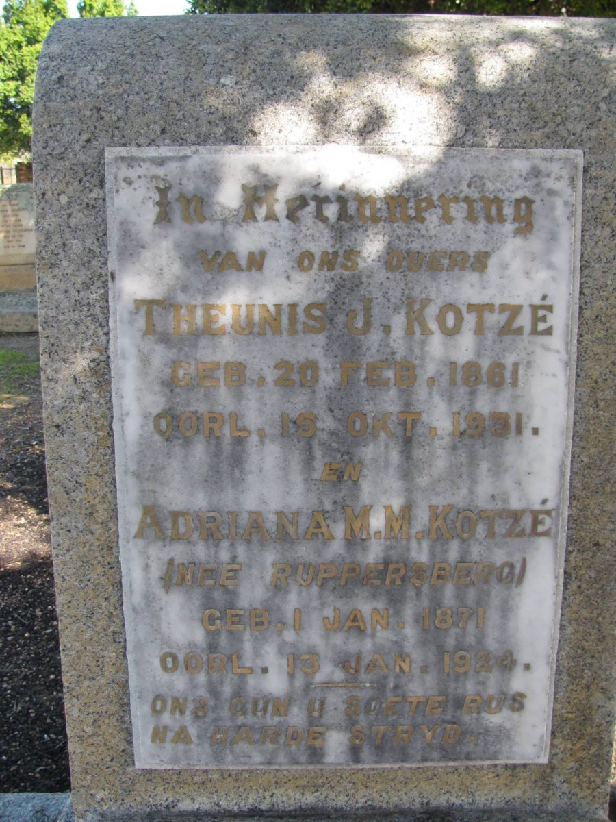 KOTZE Theunis J. 1861-1931 &amp; Adriana M.M RUPPERSBERG 1871-1924