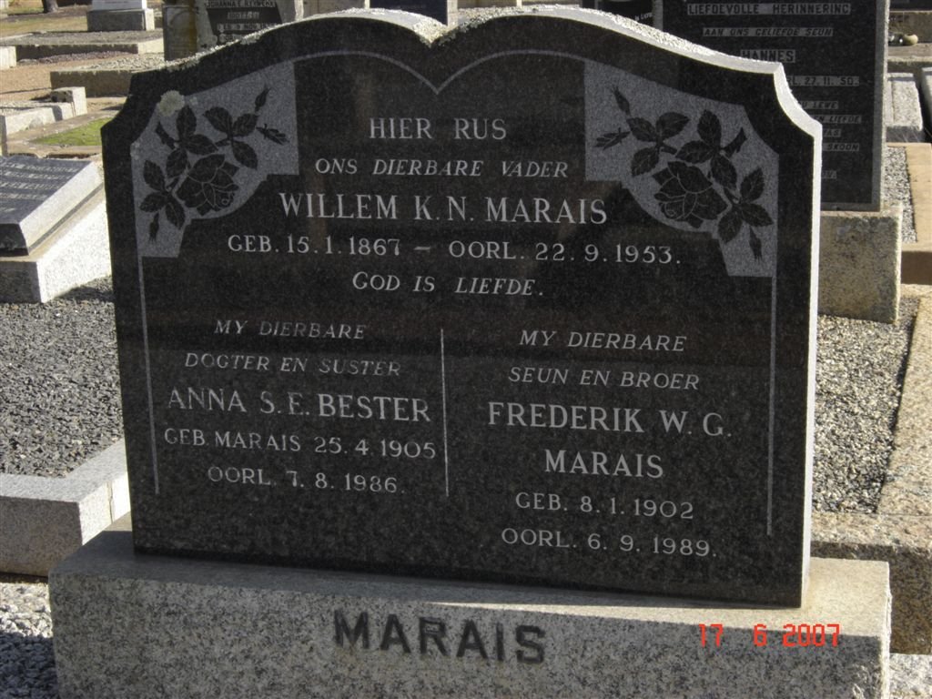 MARAIS Willem K.N. 1867-1953 :: MARAIS Frederik W.G. 1902-1989 :: BESTER Anna S.E. nee MARAIS 1905-1986