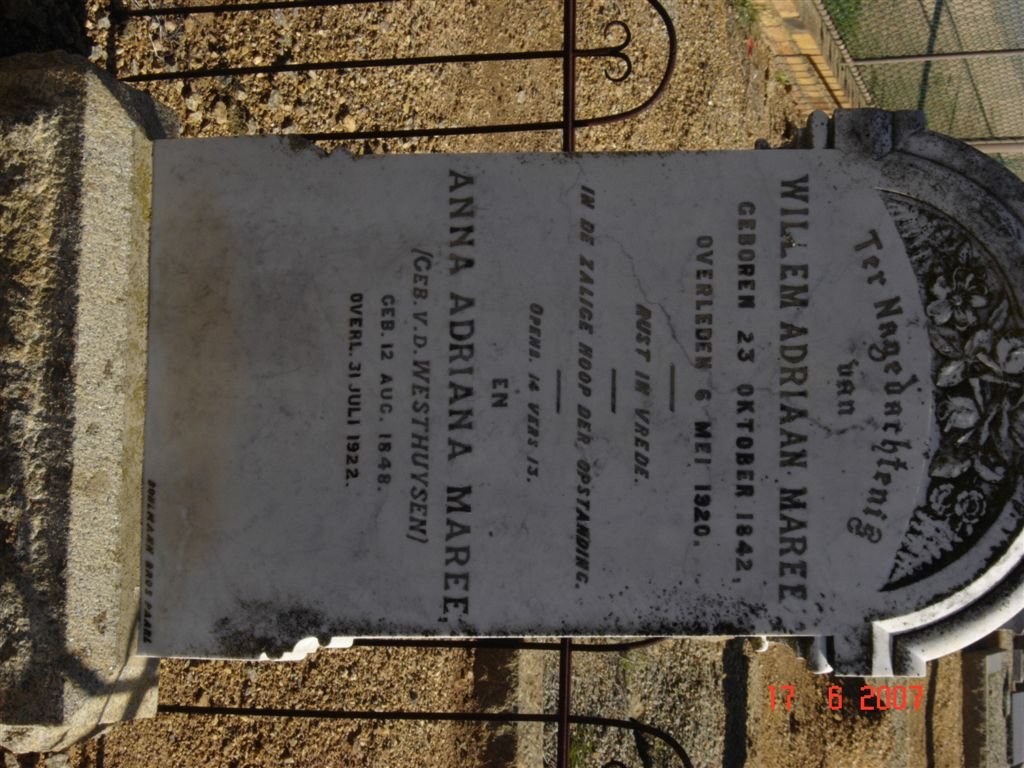 MAREE Willem Adriaan 1842-1920 &amp; Anna Adriana V.D. WESTHUIZEN 1848-1922