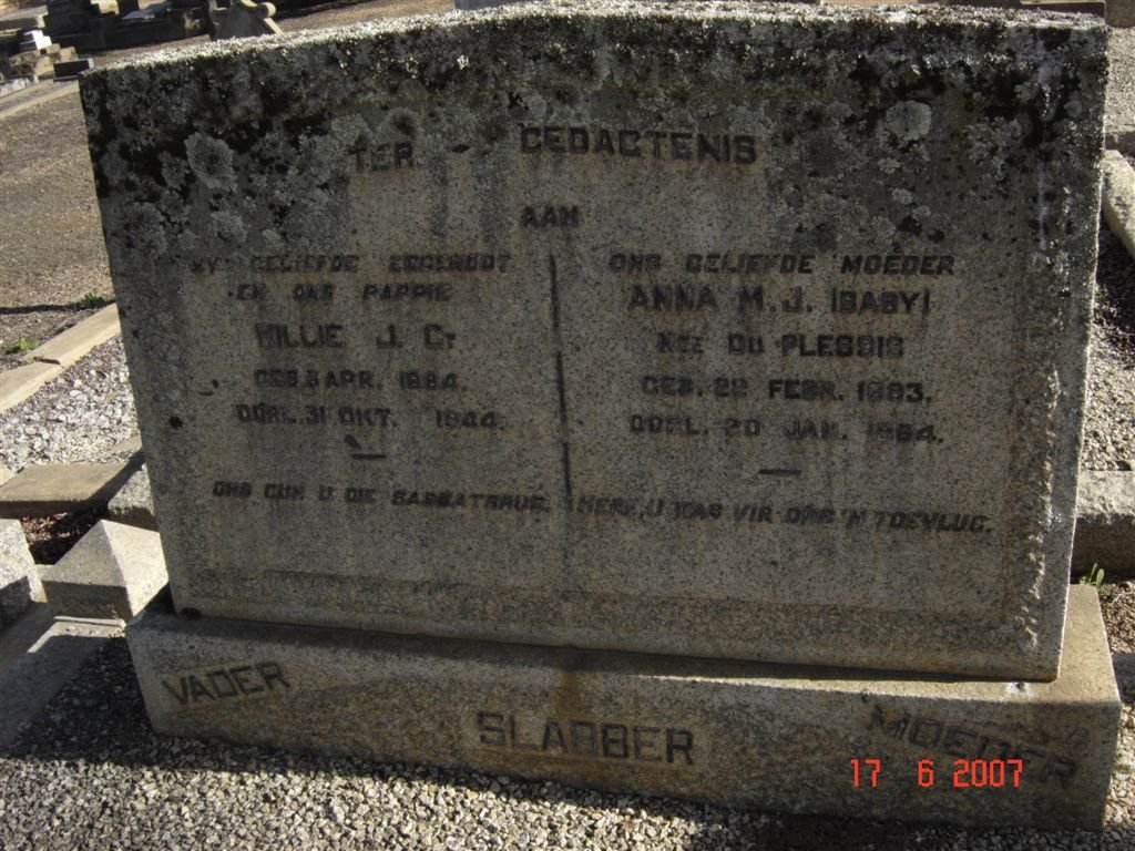 SLABBER Willie J.C. 1884-1944 &amp; Anna M.J. DU PLESSIS 1883-19?4