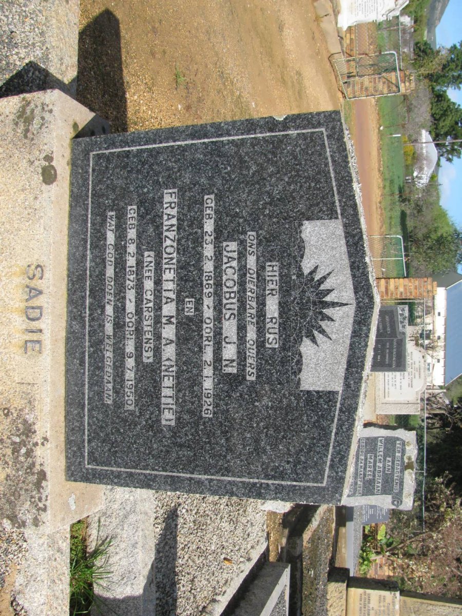 SADIE Jacobus J.N. 1869-1926 &amp; Franzonetta M.A. CARSTENS 1873-1950