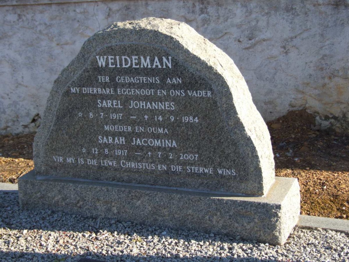 WEIDEMAN Sarel Johannes 1917-1984 &amp; Sarah Jacomina 1917-2007