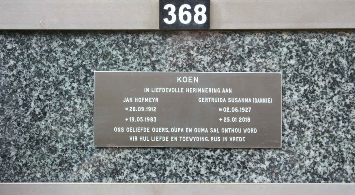 KOEN Jan Hofmeyr 1912-1983 &amp; Gertruida Susanna 1927-2018