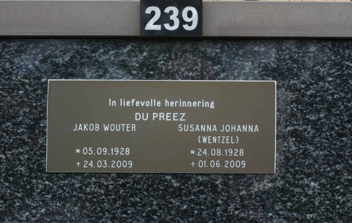 PREEZ Jakob Wouter, du 1928-2009 &amp; Susanna Johanna WENTZEL 1928-2009