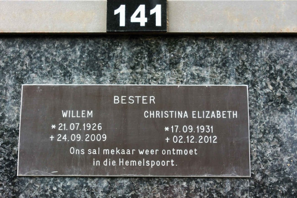 BESTER Willem 1926-2009 &amp; Christina Elizabeth 1931-2012