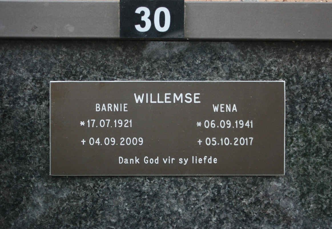 WILLEMSE Barnie 1921-2009 &amp; Wena 1941-2017