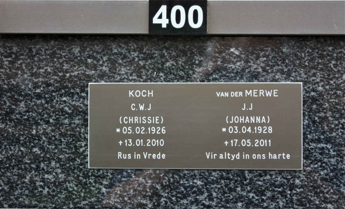 KOCH C.W.J. 1926-2010 :: VAN DER MERWE J.J. 1928-2011