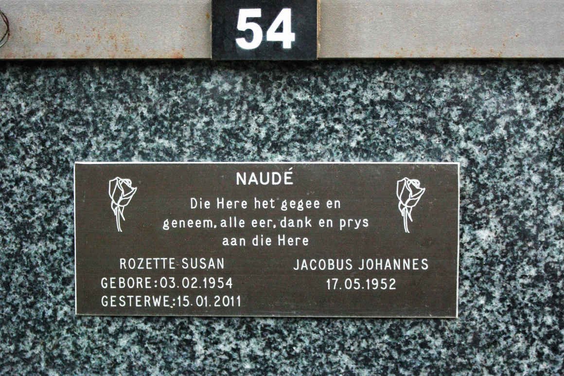NAUDÉ Jacobus Johannes 1952- &amp; Rozette Susan 1954-2011