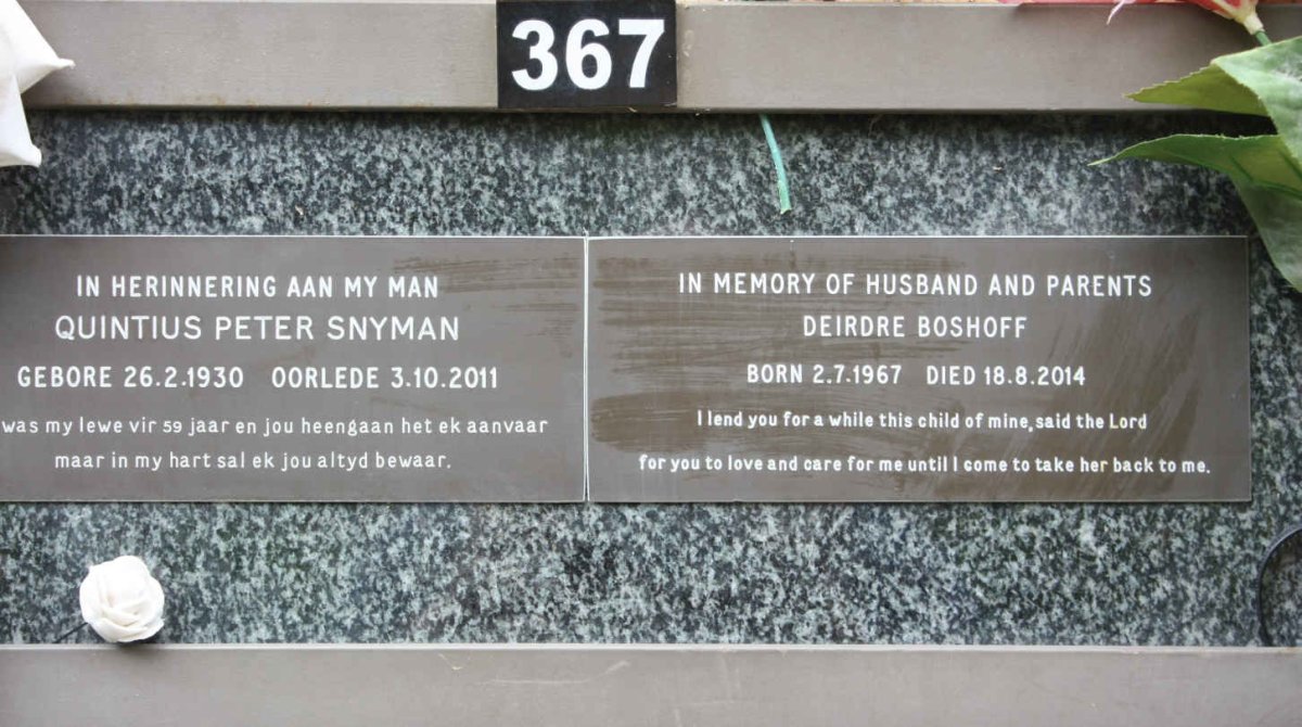 SNYMAN Quintius Peter 1930-2011 :: BOSHOFF Deirdre 1967-2014