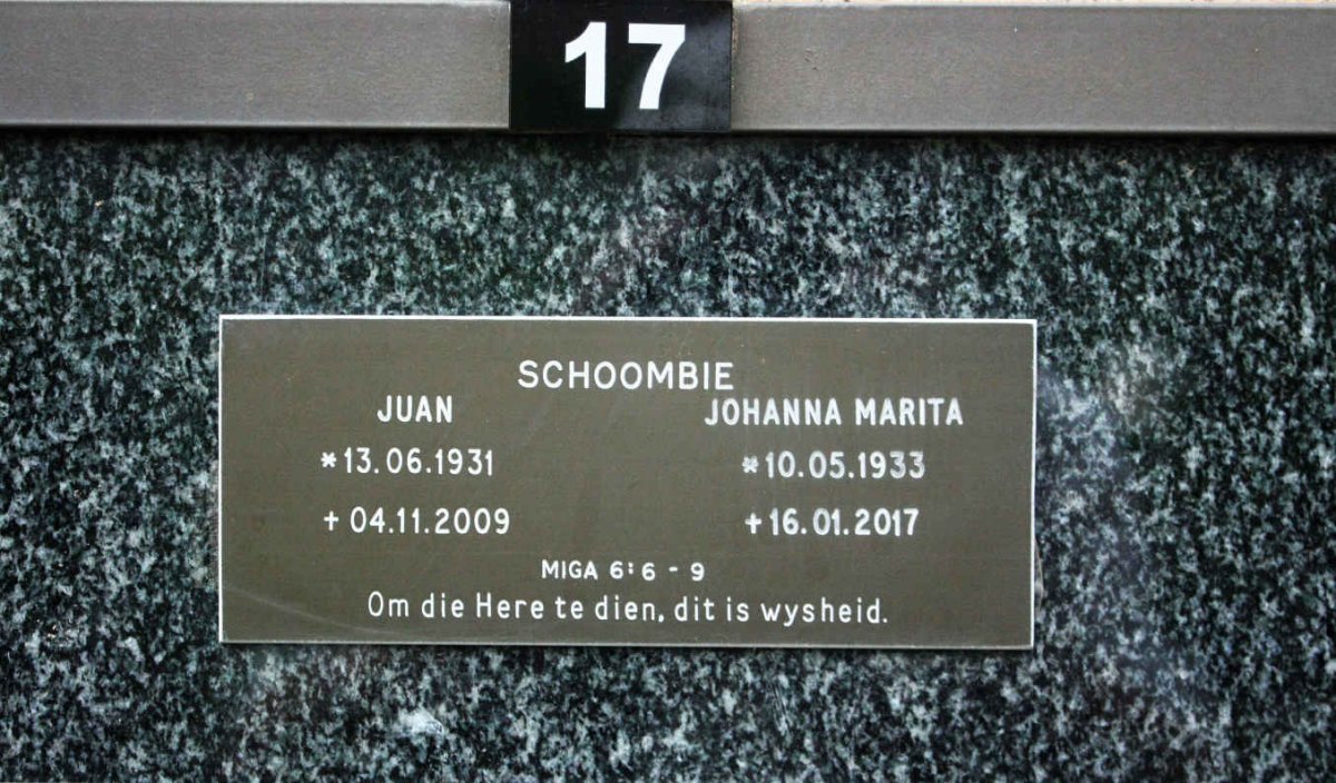 SCHOOMBIE Juan 1931-2009 &amp; Johanna Marita 1933-2017