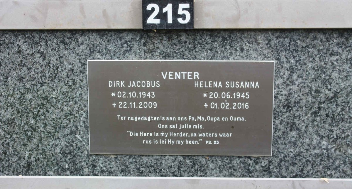 VENTER Dirk Jacobus 1943-2009 &amp; Helena Susanna 1945-2016