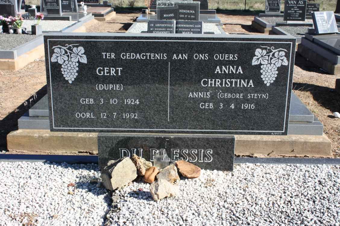 PLESSIS Gert, du 1924-1992 &amp; Anna Christina Annis STEYN 1916-