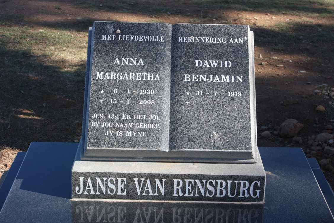 RENSBURG Dawid Benjamin, Janse van 1919- &amp; Anna Margaretha 1930-2008